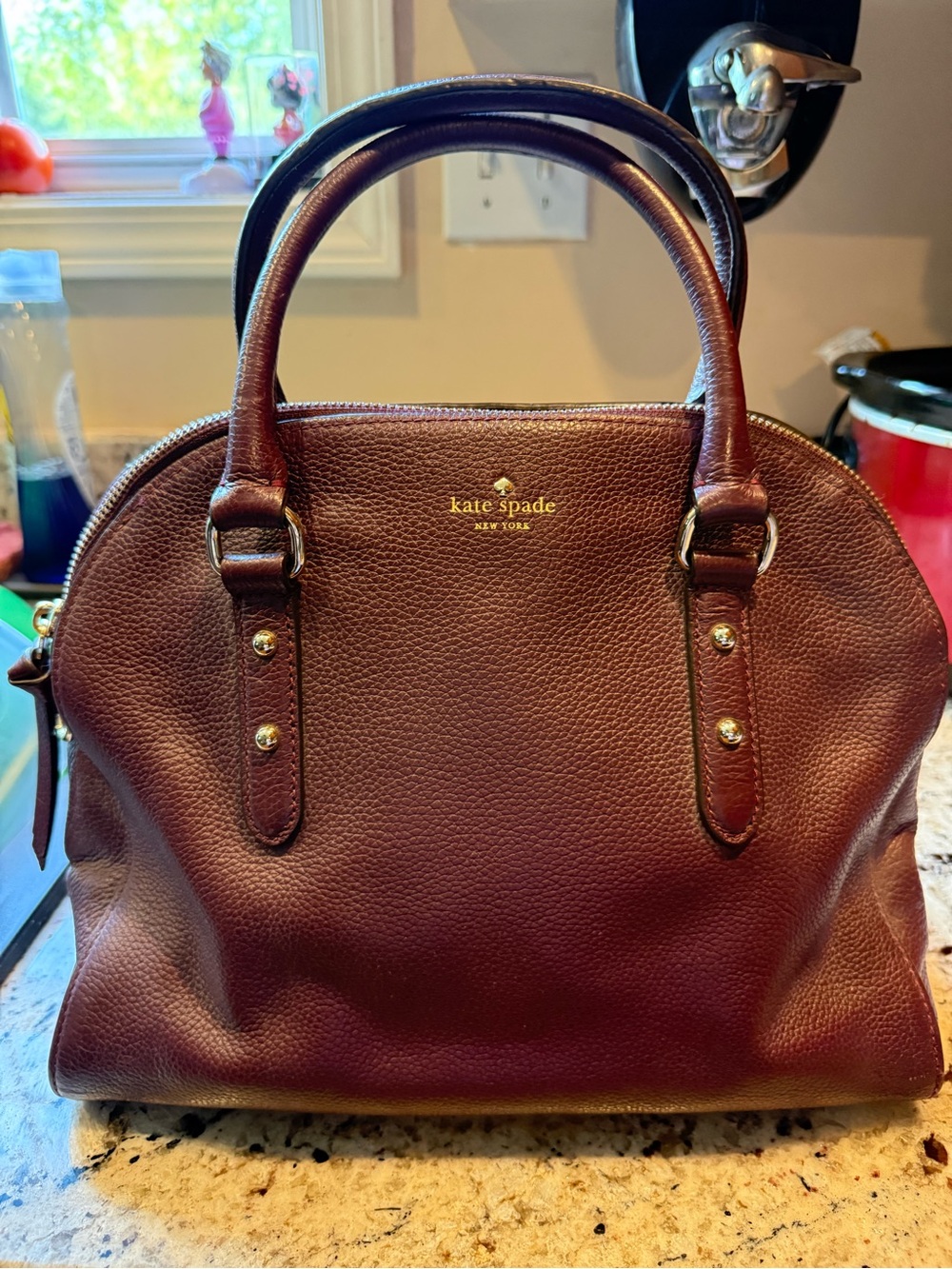 kate spade Burgundy Pebbled Leather Satchel with Gold Hardware